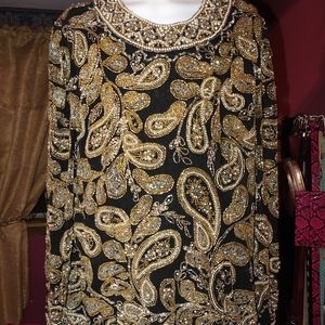 Oleg Cassini Black Tie Vintage Gold & Black Beaded Silk Blouse XL
